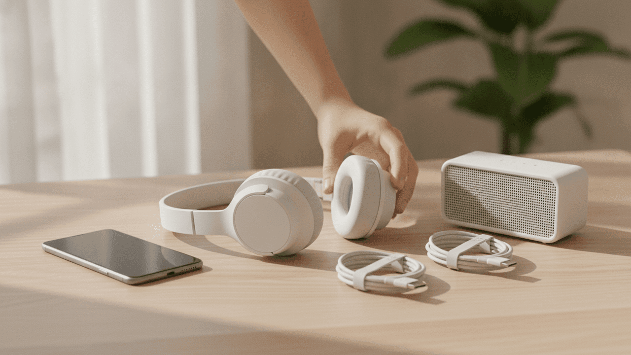 Eletrônicos pequenos comprados na AliExpress: fones sem fio, cabos e acessórios sobre uma mesa