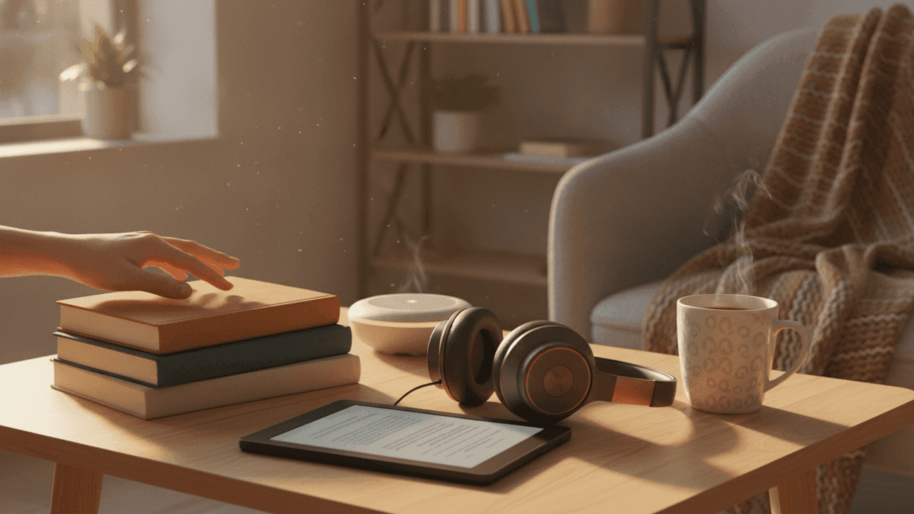 Assinaturas Amazon em 2026: Prime, Kindle Unlimited, Audible e Amazon Music comparados — livros, fones de ouvido e música num ambiente aconchegante