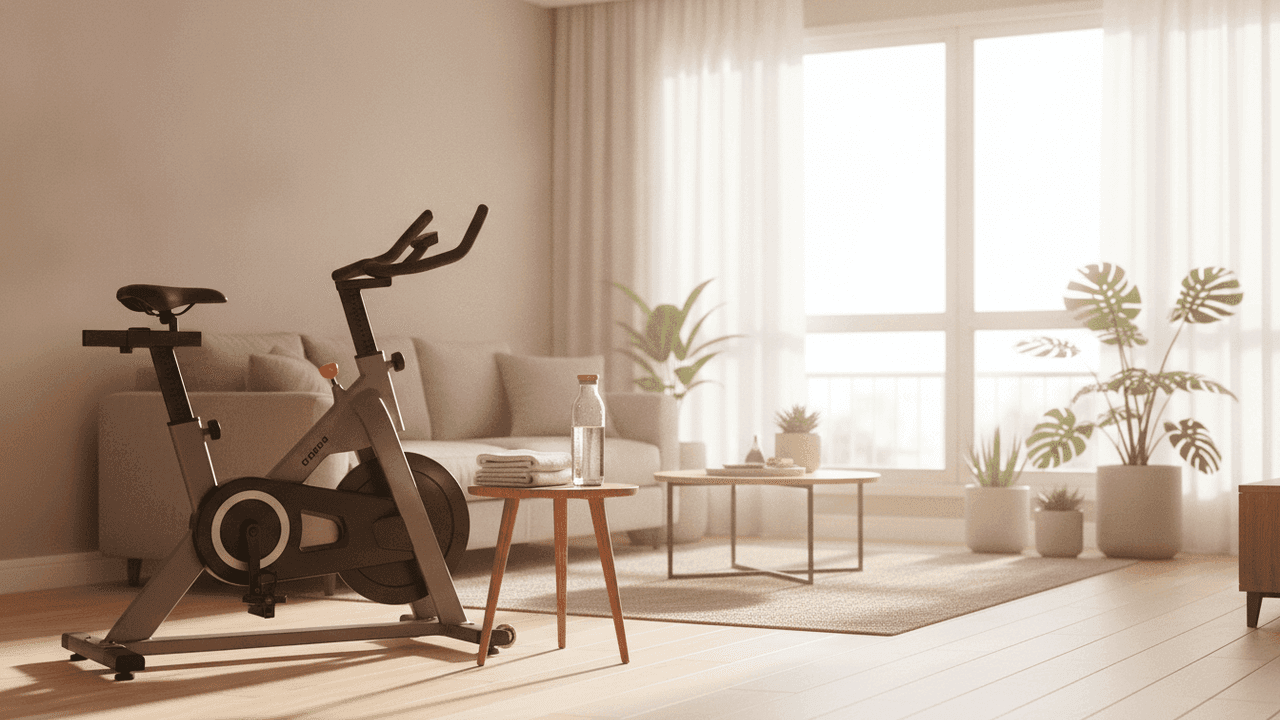 Bicicleta ergométrica vertical montada na sala de um apartamento, ao lado de um caderno com a conta do custo mensal comparado ao da academia