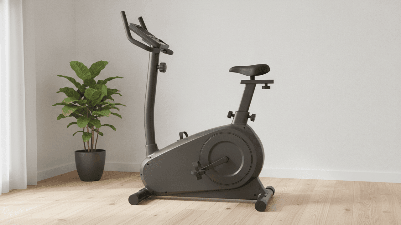 Bicicleta ergométrica vertical cinza-escura num canto de sala de parede branca, com piso de madeira clara e uma planta em vaso ao lado