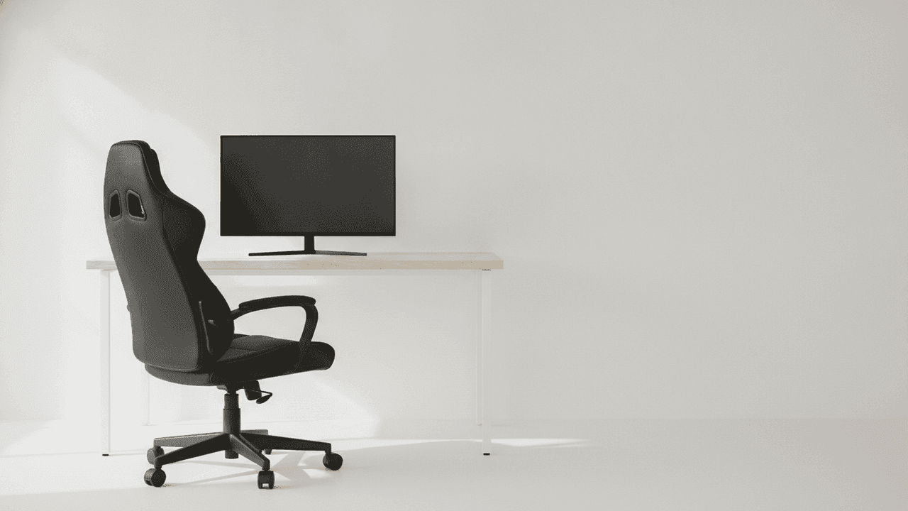 Cadeira gamer preta vazia, de encosto alto com recortes no topo e rodízios, ao lado de uma mesa de tampo de madeira clara e pés brancos com um monitor desligado, numa sala de paredes e piso brancos com luz natural na parede