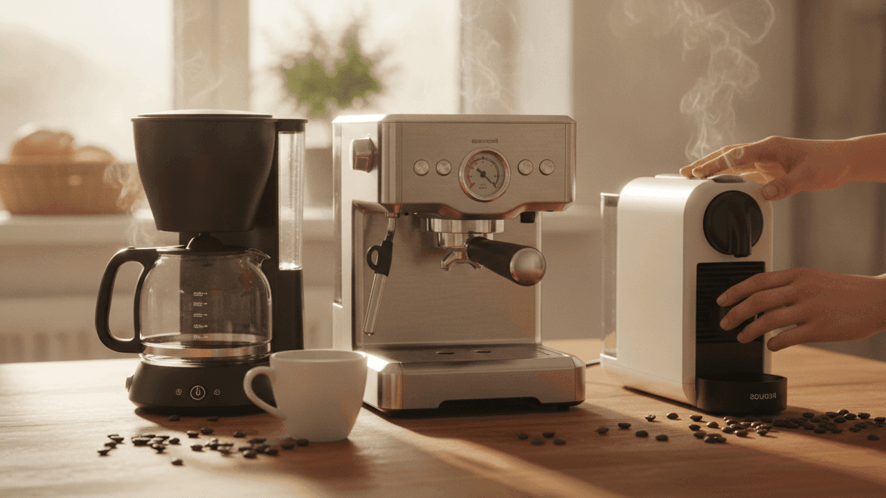Bancada de madeira com três cafeteiras, uma de filtro com jarra de vidro, uma espresso de inox com manômetro e uma de cápsula branca que uma pessoa opera com as duas mãos; à frente, uma xícara branca e grãos de café espalhados