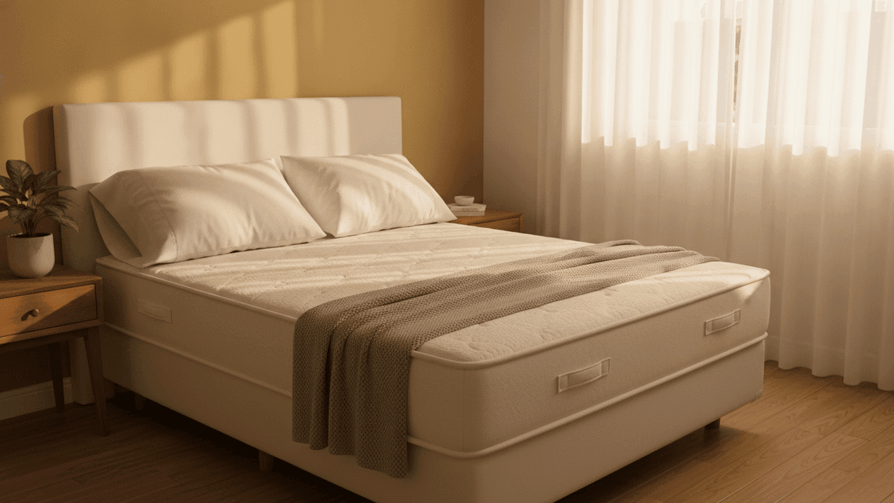 Quarto claro ao entardecer: um colchão branco espesso sobre uma cama box com cabeceira estofada, dois travesseiros, uma manta cinza dobrada sobre o canto do colchão, uma mesa de cabeceira de madeira com uma planta e uma cortina leve na janela