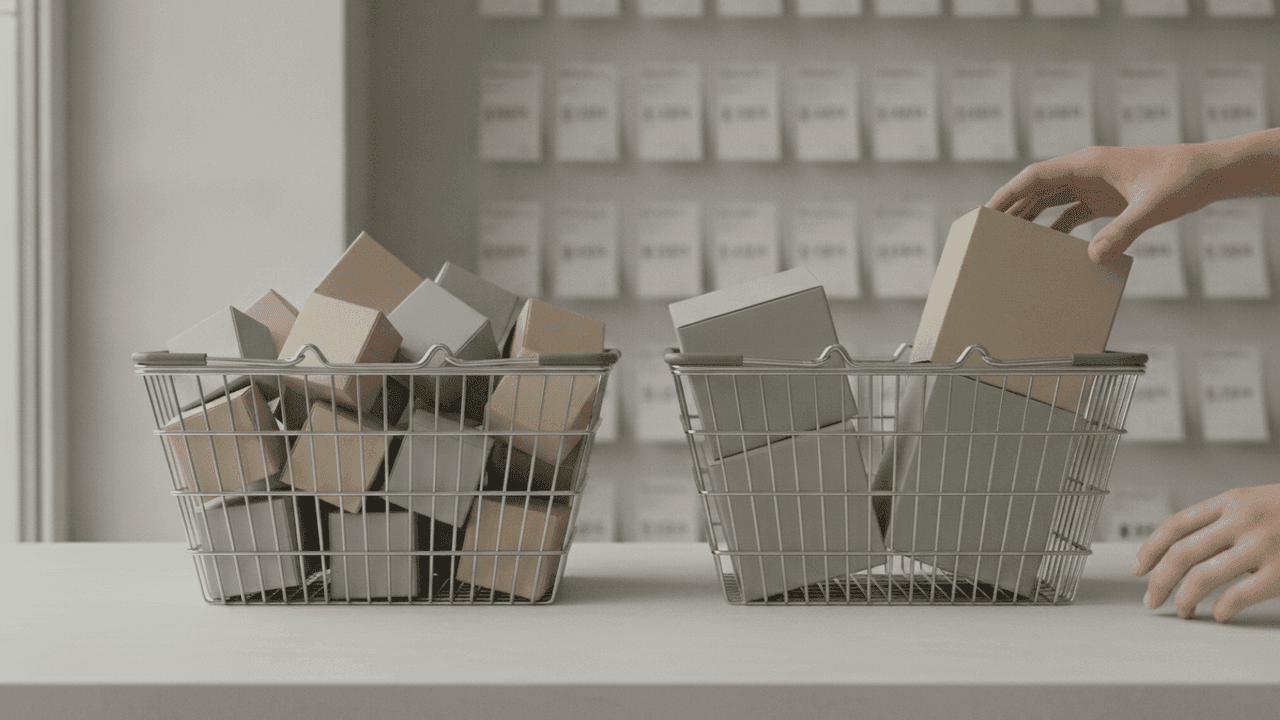 Duas cestas de compras lado a lado, uma com muitas caixas pequenas e outra com poucas caixas grandes