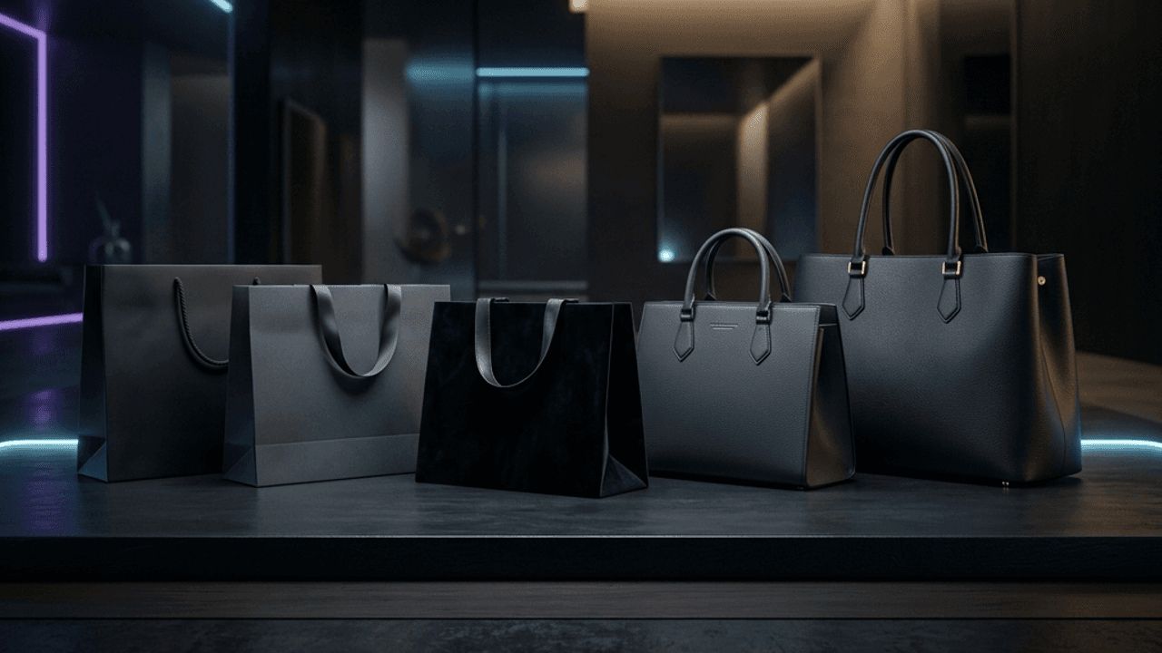 Três sacolas de compra e duas bolsas de mão pretas e cinza enfileiradas sobre uma plataforma escura, com luzes de neon roxas e azuis ao fundo