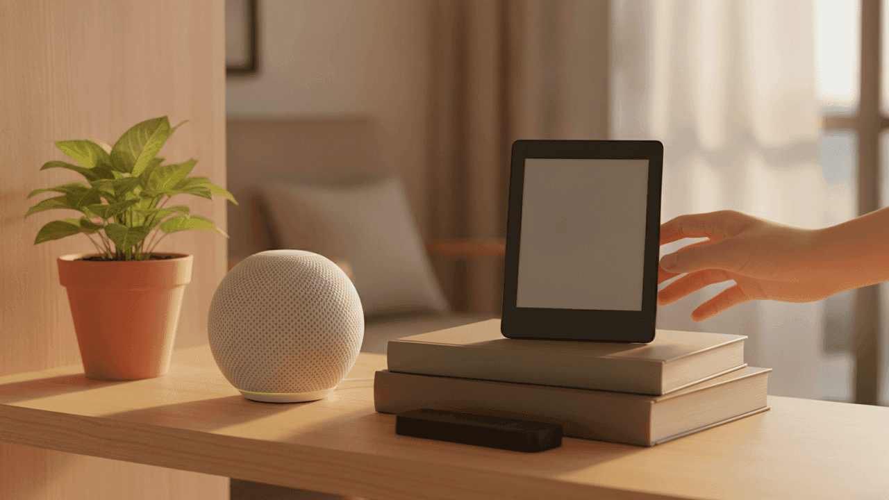 Prateleira de madeira numa sala ao entardecer: um alto-falante esférico branco de tecido com um anel de luz na base, um leitor digital de tela cinza apoiado sobre dois livros, um pequeno dispositivo preto de streaming deitado à frente, uma mão se aproximando do leitor pela direita e um vaso de planta ao lado