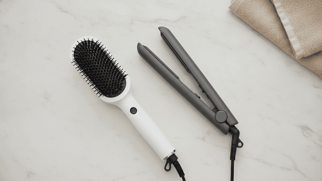 Escova elétrica de cabelo branca, de cabeça oval com cerdas pretas, ao lado de uma chapinha cinza-escura entreaberta, vistas de cima sobre uma bancada de mármore claro, com uma toalha bege no canto