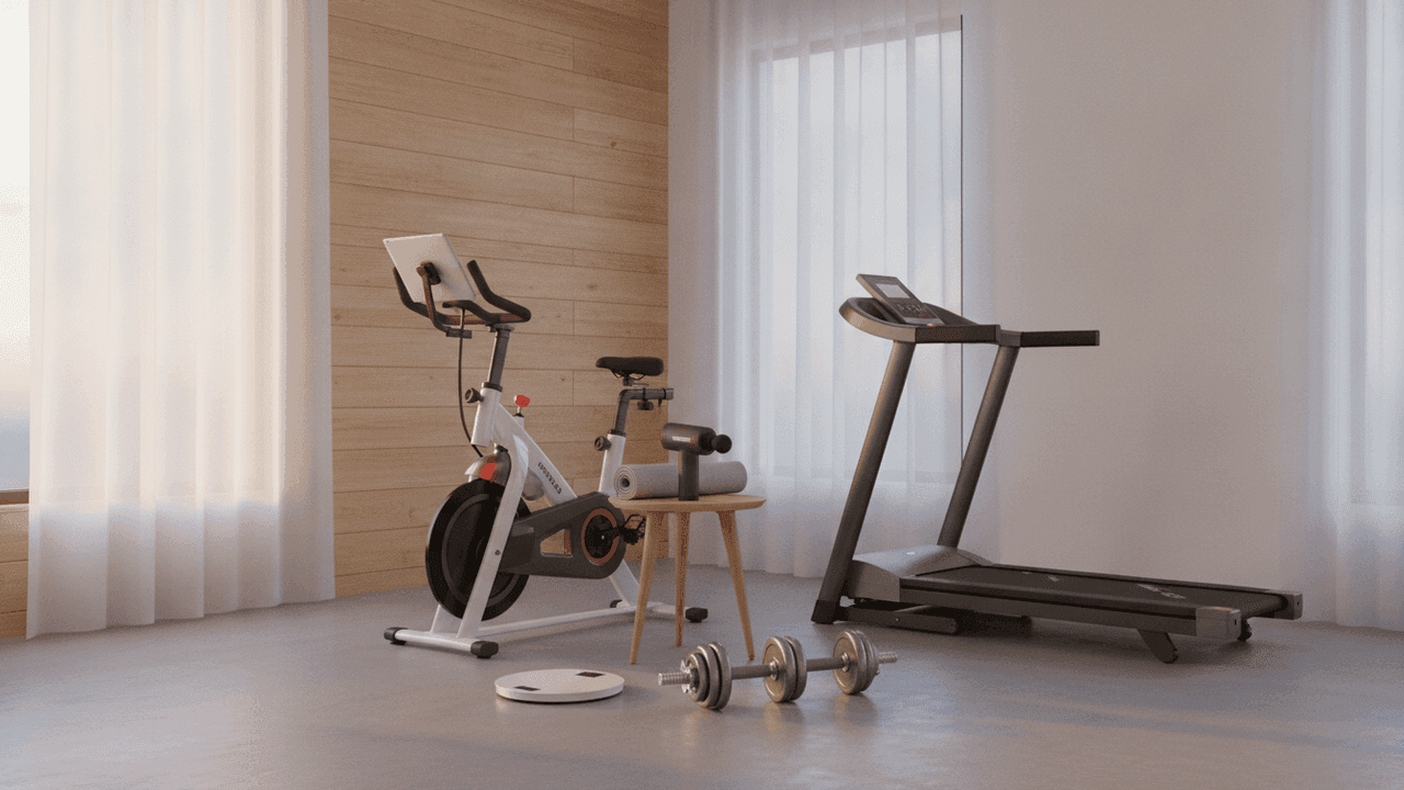 Bicicleta de spinning branca, esteira elétrica cinza e, no chão, um halter com anilhas e uma balança, numa sala clara com cortinas brancas e parede de madeira; numa mesinha de madeira, um rolo de espuma e uma pistola de massagem