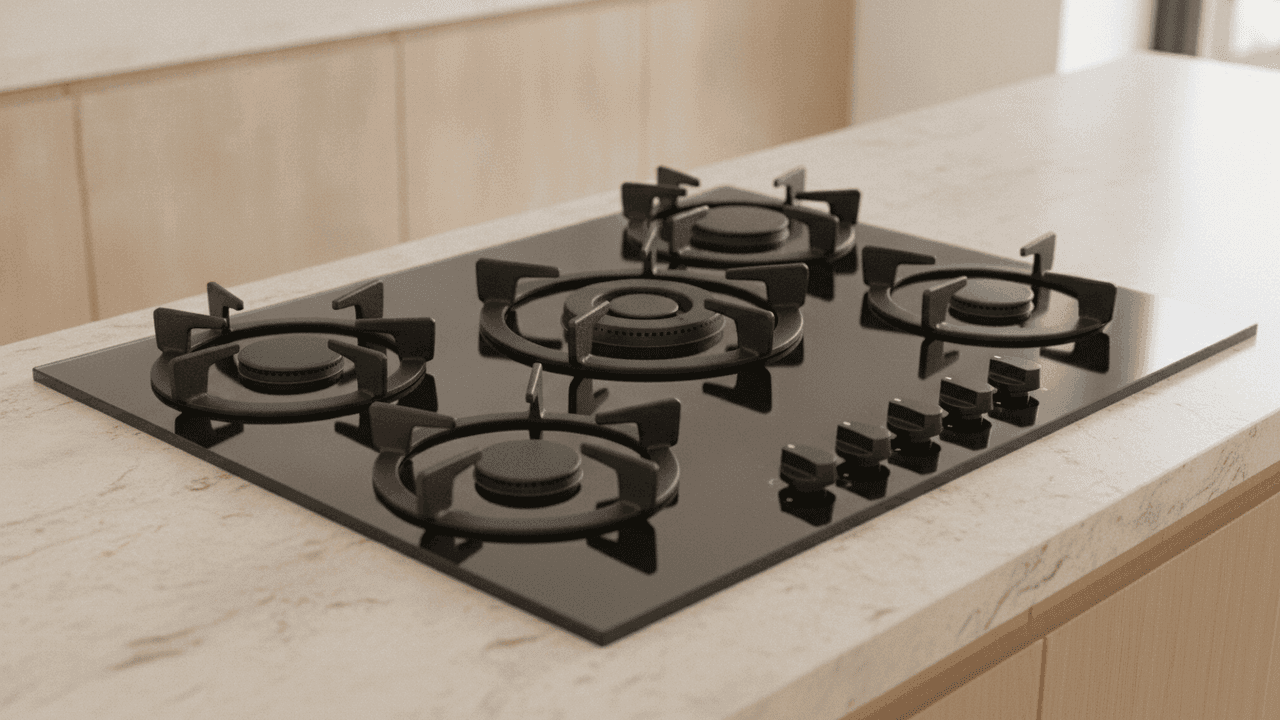 Cooktop a gás de cinco bocas com mesa de vidro preto e grades pretas, embutido numa bancada de pedra clara, com os botões de controle à frente, à direita, e armários de madeira clara ao fundo