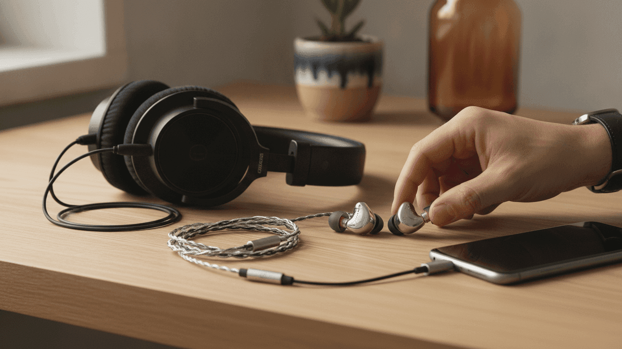 Fones de ouvido com fio em 2026: intra-auricular com cabo destacável e over-ear de estúdio sobre uma mesa, ao lado de um celular com adaptador USB-C para P2