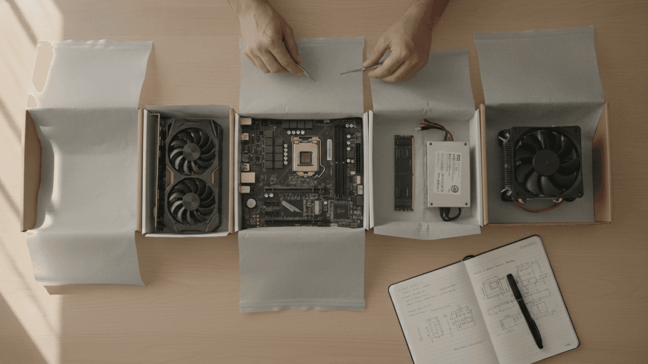 Peças de computador em suas embalagens dispostas sobre mesa de montagem ao lado de caderno com anotações