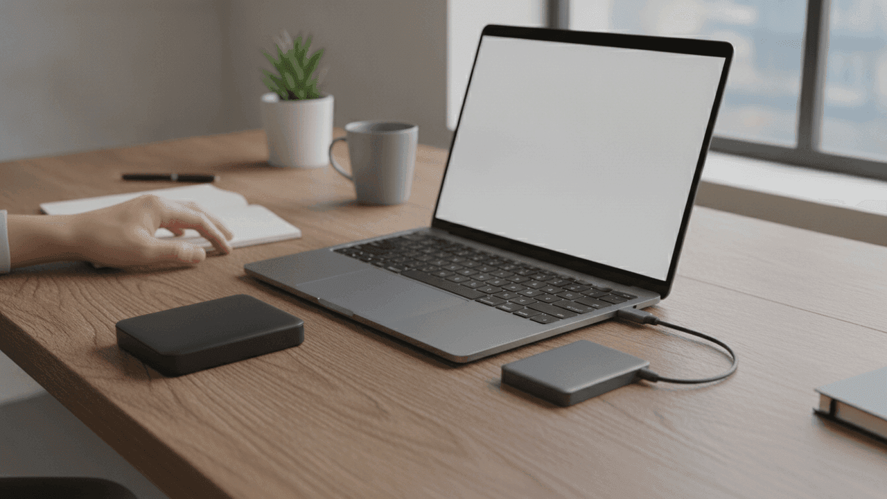 Notebook prateado aberto, com a tela branca, sobre uma mesa de madeira, com um disco externo cinza ligado a ele por um cabo e outro disco externo preto ao lado; ao fundo, uma mão sobre um caderno, uma caneca cinza, um vaso com planta e uma janela