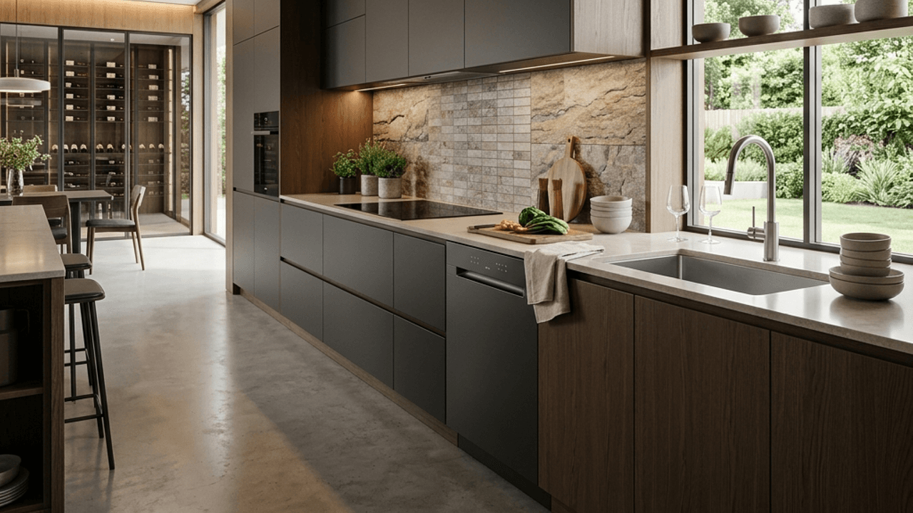 Cozinha com armários cinza e de madeira escura e uma lava-louças cinza embutida sob a bancada, ao lado da cuba de inox com torneira; na bancada, cooktop, tábua com legumes, taças e tigelas; à direita, janela grande para um jardim e, ao fundo, à esquerda, uma adega envidraçada