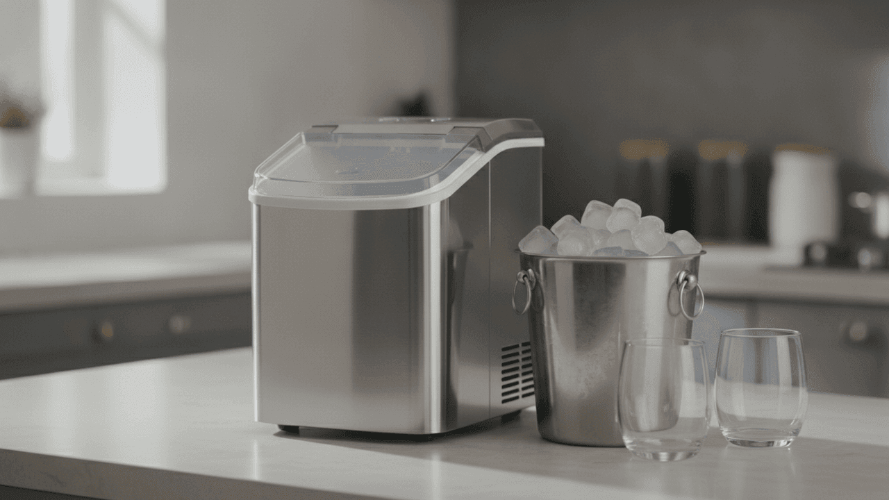 Máquina de gelo de aço inox com tampa transparente fechada sobre uma bancada clara, ao lado de um balde de inox cheio de cubos de gelo e de dois copos de vidro vazios, com uma cozinha desfocada ao fundo