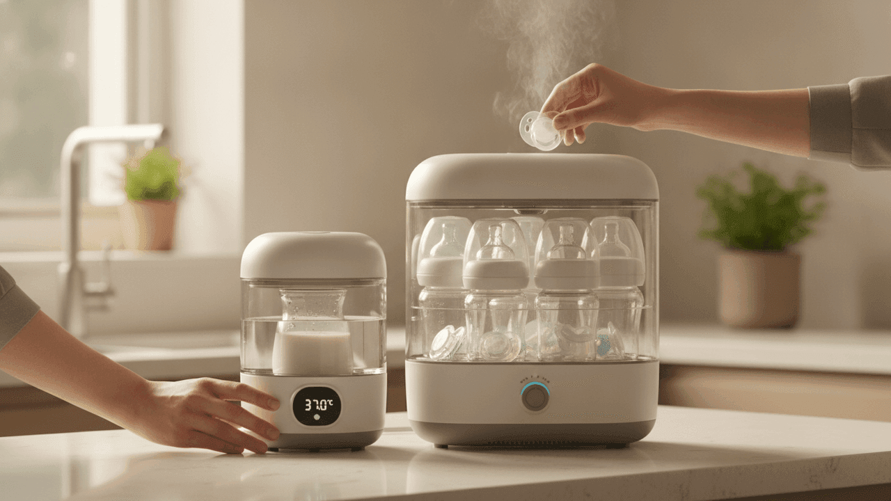 Os melhores aquecedores e esterilizadores de mamadeira de 2026 na bancada da cozinha, comparados por rapidez, capacidade e suavidade do aquecimento