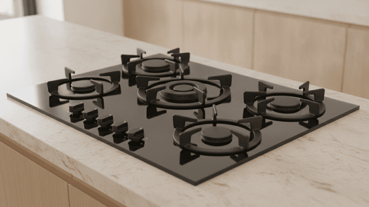 Cooktop a gás de vidro preto com cinco queimadores apagados, grades pretas e cinco botões pretos, embutido numa bancada de pedra clara, com armários de madeira clara ao fundo
