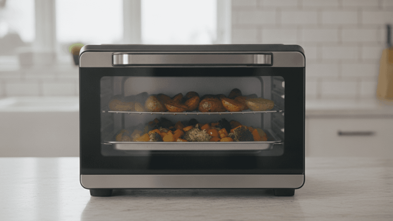 Forno de bancada preto com detalhes em inox e porta de vidro fechada, com batatas assadas numa grelha e legumes numa bandeja, sobre uma bancada clara, diante de uma parede de azulejo branco desfocada