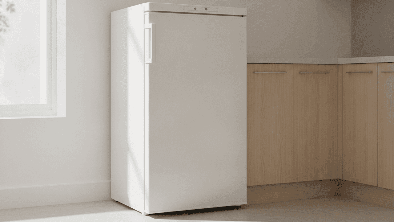 Freezer vertical branco de uma porta, com a porta fechada e um puxador vertical junto à borda da porta, encostado na parede de uma cozinha clara, ao lado de armários baixos de madeira com bancada cinza e perto de uma janela