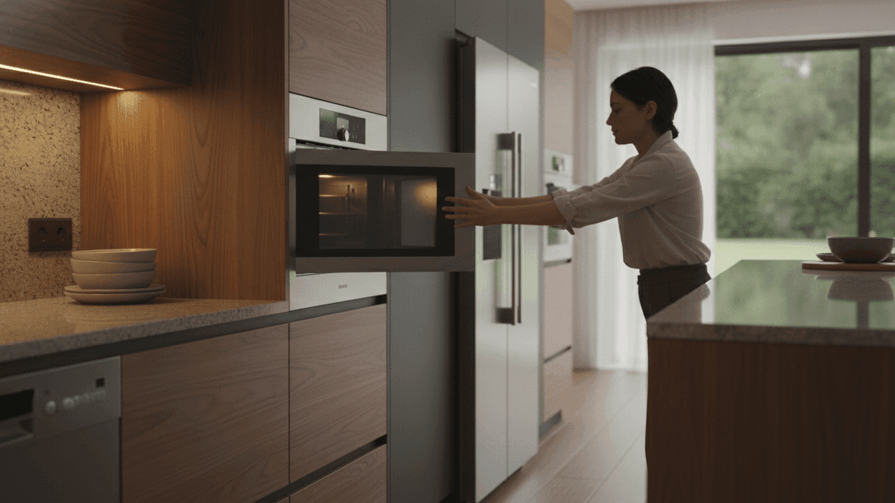 Micro-ondas de embutir instalado em armário planejado de cozinha moderna — 34 litros com frente inox