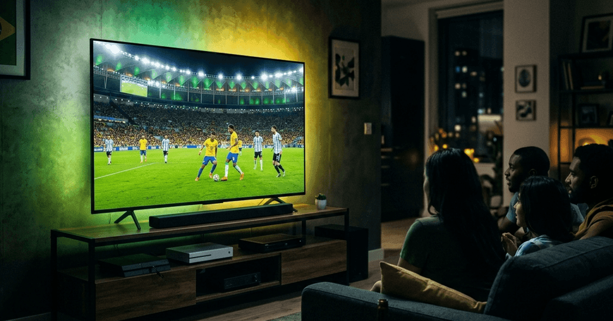 Sala de estar com TV 4K exibindo jogo de futebol da Copa do Mundo 2026