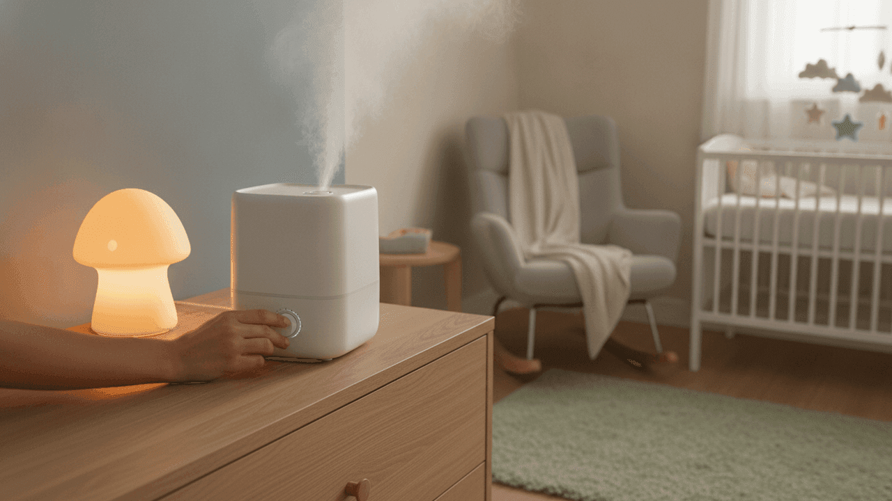 Umidificador de vapor frio soltando névoa em um quarto de bebê aconchegante, com luz noturna suave