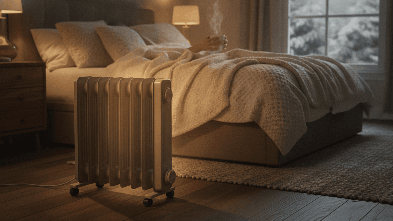 Os melhores aquecedores a óleo de 2026 num quarto aquecido no inverno — comparados por aletas, potência, área e segurança