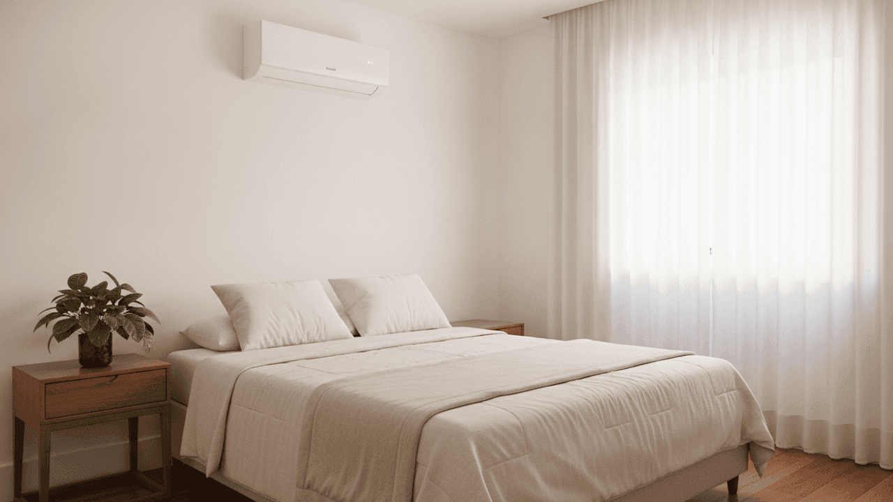 Ar-condicionado split branco instalado no alto da parede de um quarto claro, acima da cama de casal