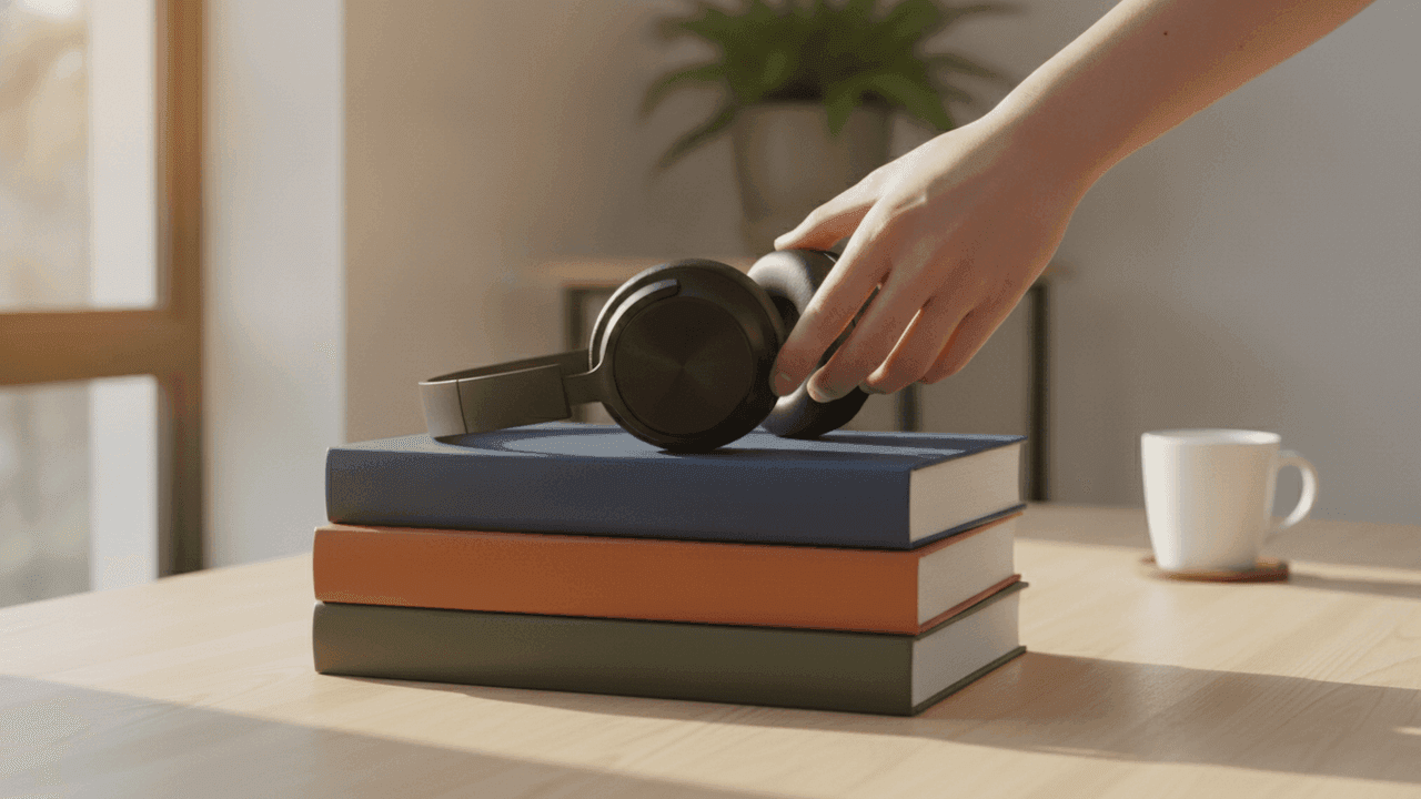 Melhores audiolivros de autoajuda e negócios no Audible em 2026: fone de ouvido sobre pilha de livros de desenvolvimento pessoal e celular com player de áudio