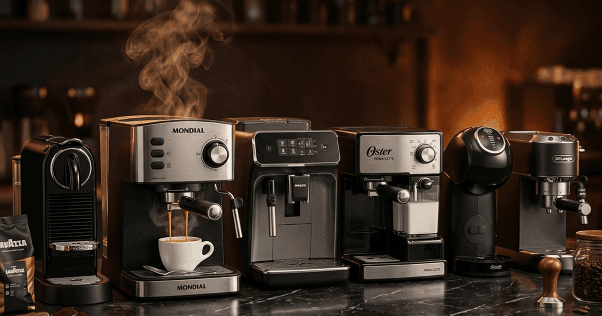 6 cafeteiras espresso comparadas pela equipe Buskando em 2026 — Nespresso, Mondial, Philips, Oster, Dolce Gusto