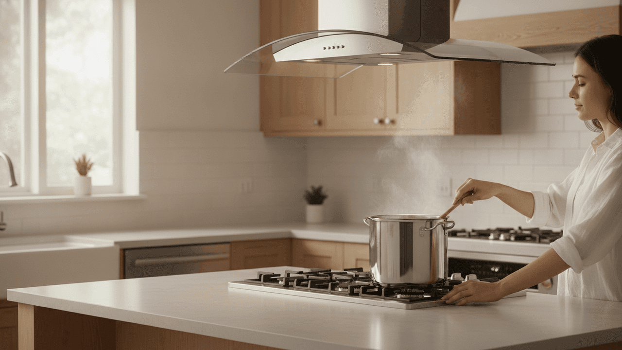 Coifa de parede em inox com vidro curvo instalada sobre cooktop em cozinha planejada