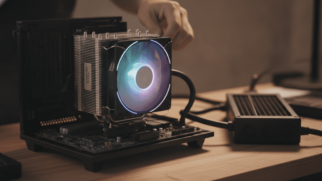 Air cooler de torre com ventoinha RGB instalado em placa-mãe ao lado de water cooler com radiador sobre a bancada