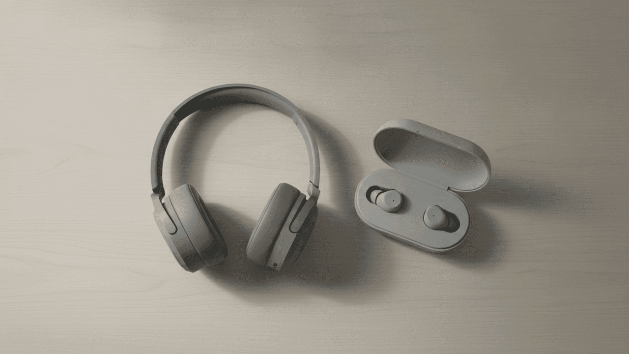 Headphone cinza de arco, visto de cima, ao lado de um estojo oval cinza aberto com dois fones pequenos dentro, sobre uma mesa de madeira clara