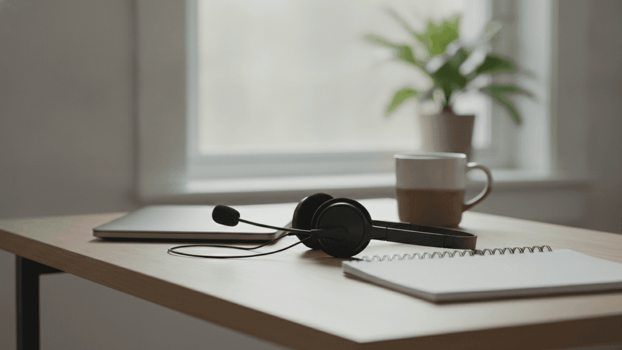 Headset preto com microfone em haste sobre uma mesa de madeira clara, ao lado de um notebook fechado, um caderno em espiral e uma caneca, com uma planta na janela ao fundo