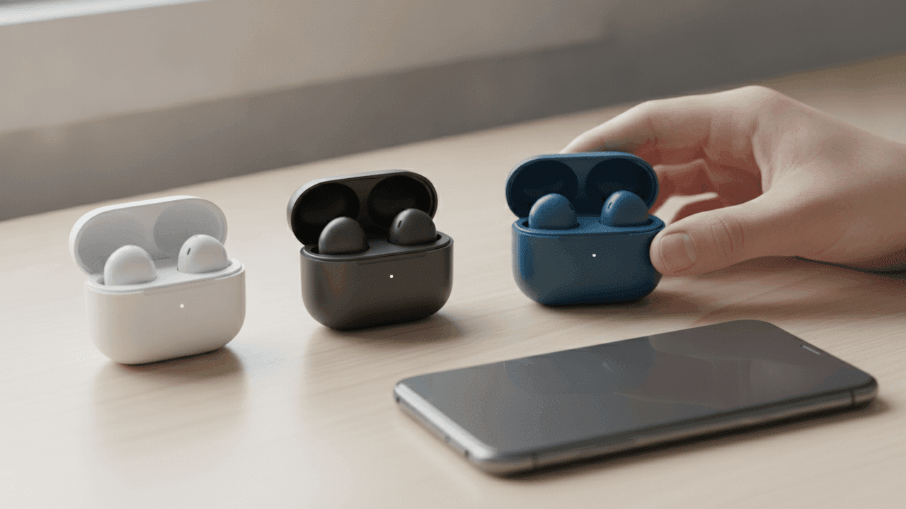 Três estojos de fones sem fio abertos, branco, preto e azul, sobre uma mesa clara ao lado de um celular