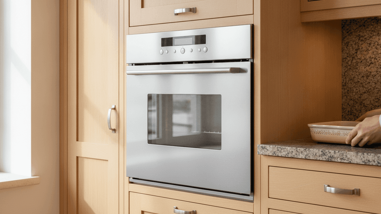 Forno elétrico de embutir em inox instalado no nicho de uma cozinha planejada clara