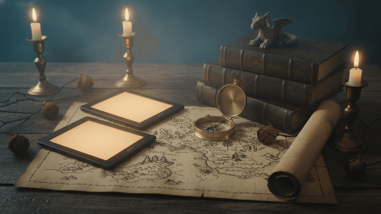 Dois leitores digitais com a tela acesa sobre um mapa de fantasia desenhado à mão, ao lado de uma bússola de latão, livros antigos com uma estatueta de dragão e velas acesas