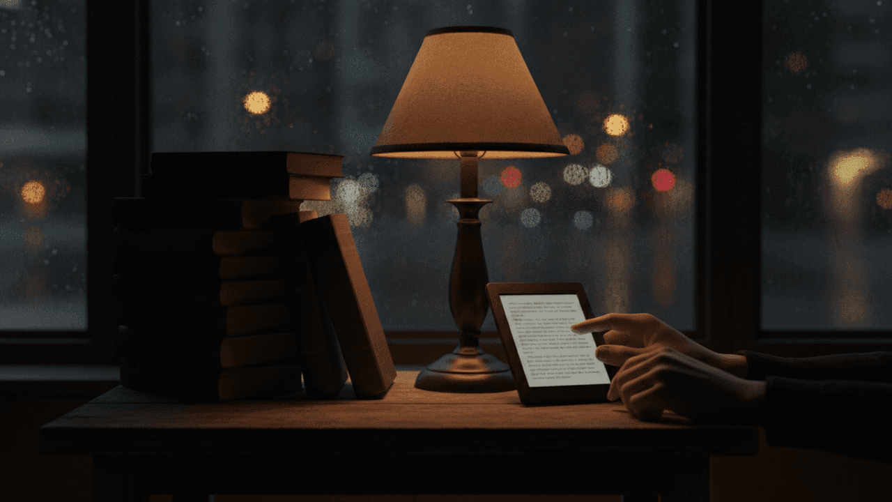 Livros de suspense e thriller do Kindle Unlimited em 2026 lidos num Kindle e num celular, em ambiente noturno