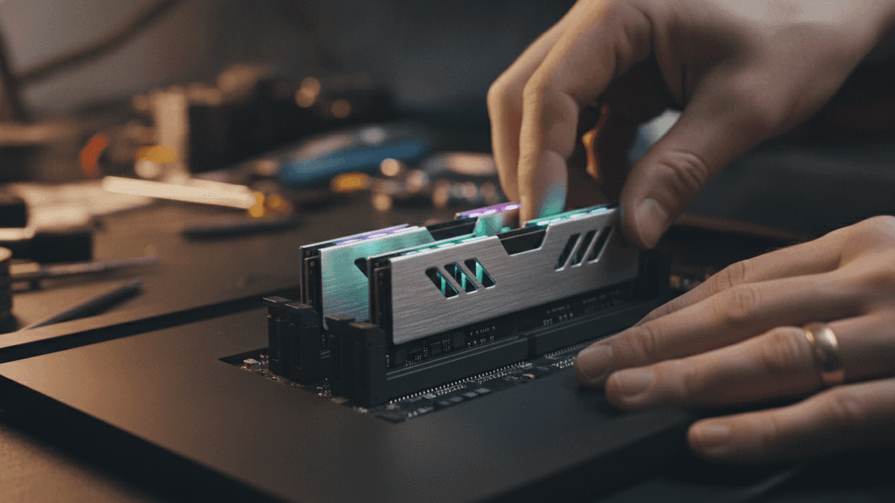 Dois pentes de memória RAM com dissipador metálico e iluminação RGB apoiados sobre placa-mãe ao lado dos slots
