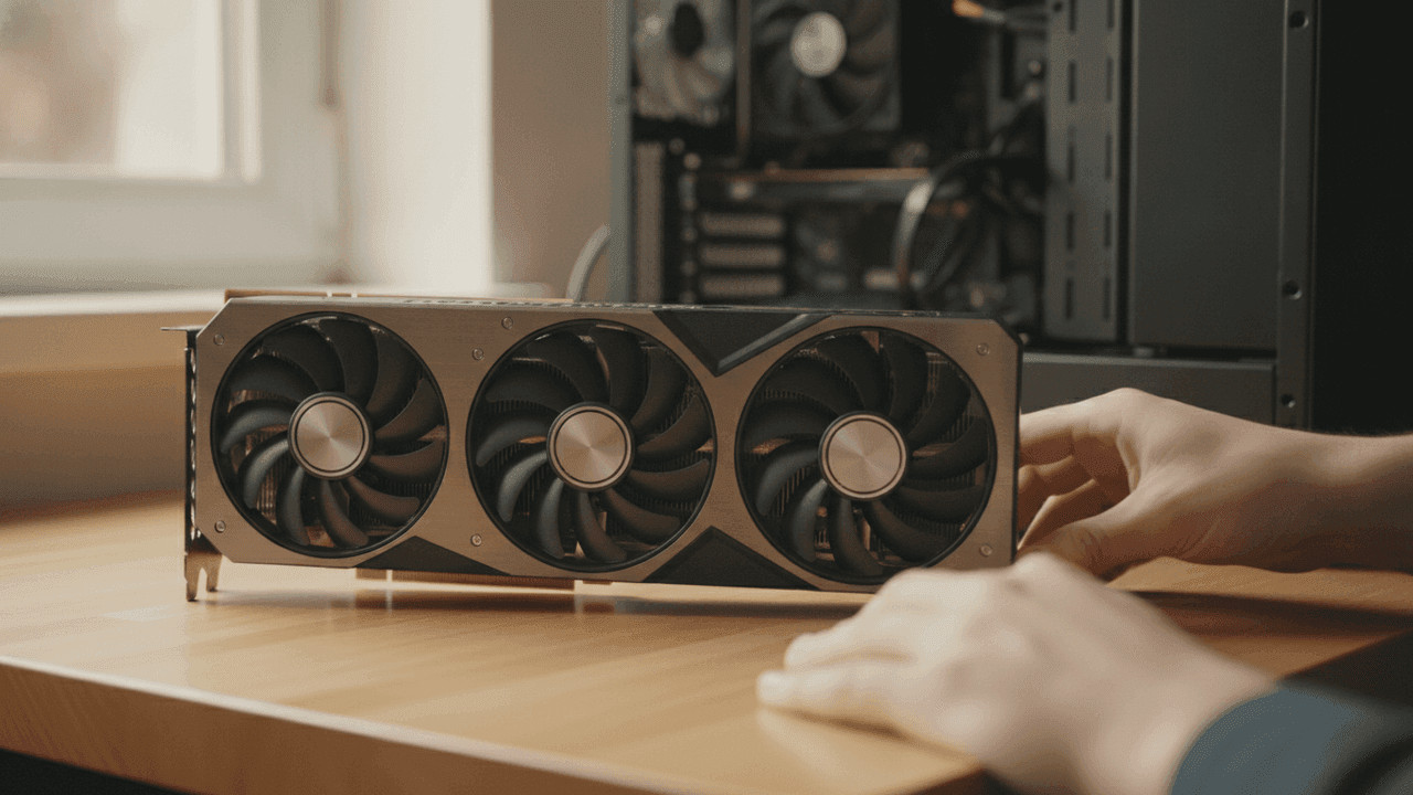 Placa de vídeo para PC gamer com três coolers sobre bancada, ao lado de gabinete aberto