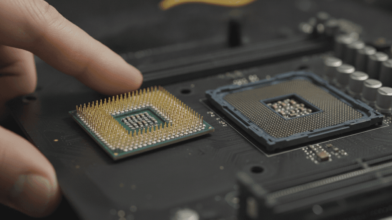 Processador de computador com pinos dourados apoiado sobre placa-mãe ao lado do socket aberto