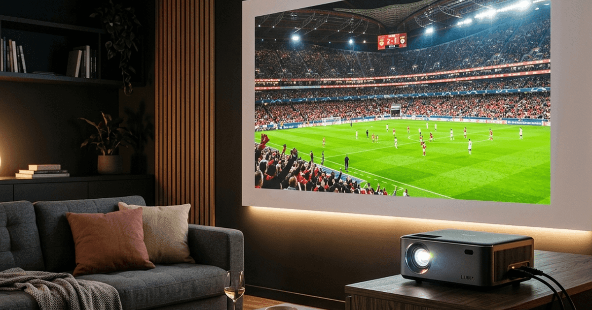 Projetor exibindo jogo de futebol em tela de 120 polegadas para assistir à Copa 2026 em casa