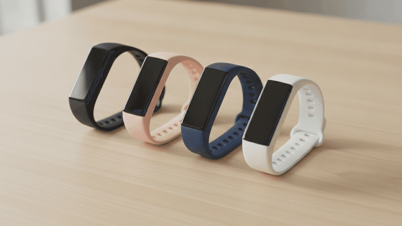 Quatro pulseiras fitness de tira lisa, uma preta, uma rosa claro, uma azul-marinho e uma branca, em pé lado a lado sobre uma mesa de madeira clara, com as telas apagadas
