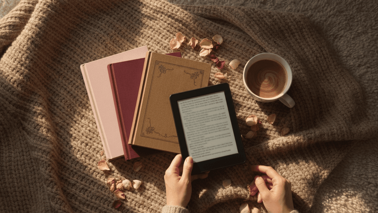 Os melhores romances e dark romance do Kindle Unlimited em 2026: livros de romance contemporâneo, de época e new adult ao lado de um Kindle e uma xícara