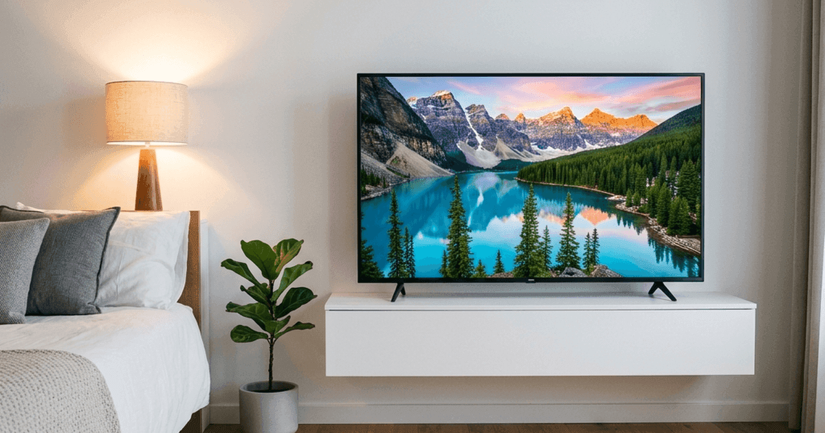 Smart TV 43 polegadas 4K em quarto moderno — melhor TV 43 polegadas de 2026