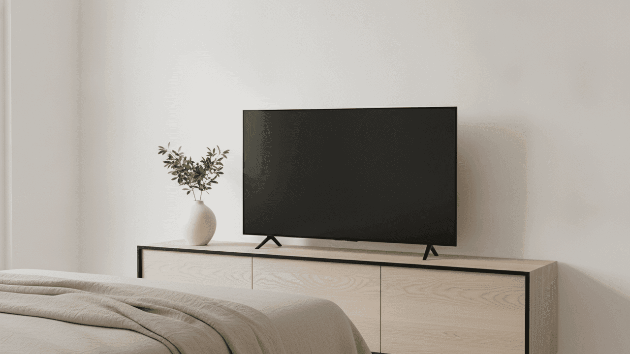 Smart TV 43 polegadas 4K em quarto moderno — melhor TV 43 polegadas de 2026