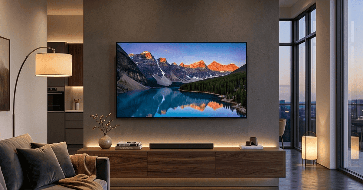 TV 65 polegadas 4K QLED em sala de estar moderna — melhor TV grande de 2026