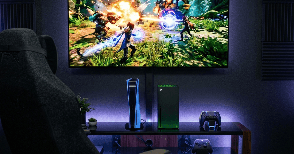 Setup gamer com TV OLED 4K, PS5 e Xbox Series X — melhores TVs para games 2026
