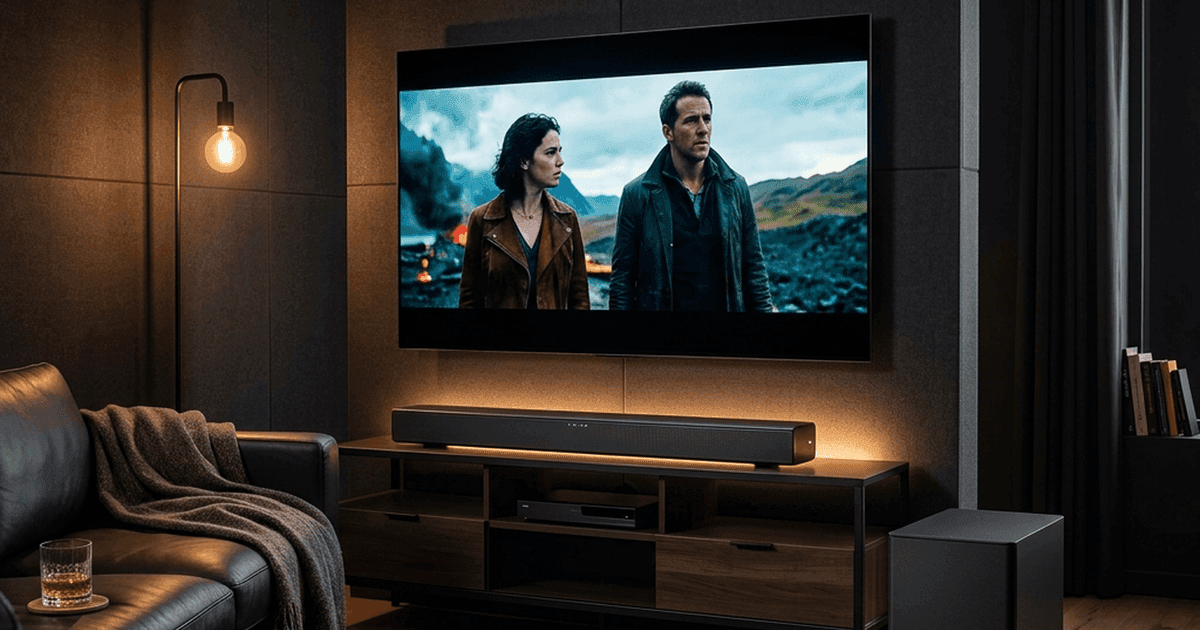 Soundbar premium com subwoofer em sala de home theater — melhores soundbars 2026