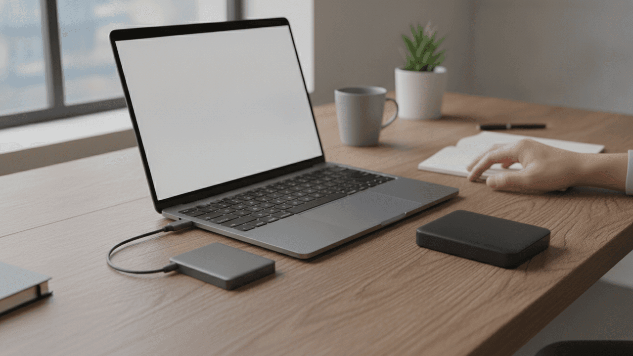 Notebook sobre uma mesa de madeira com um SSD portátil ligado por cabo e um HD externo preto ao lado