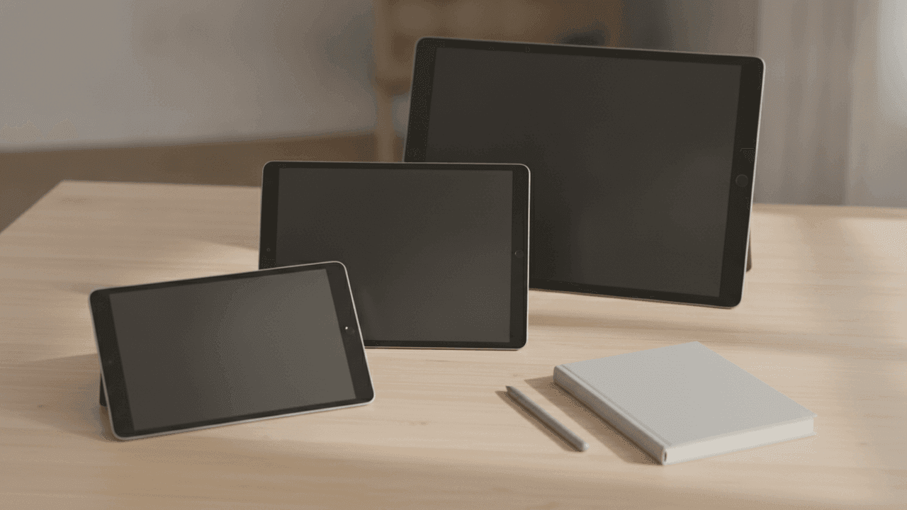 Três tablets de tamanhos diferentes com a tela desligada sobre uma mesa de madeira, ao lado de uma caneta e de um caderno fechado